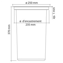 Schéma technique Vide déchets encastrable dans plan de travail en acier inox.